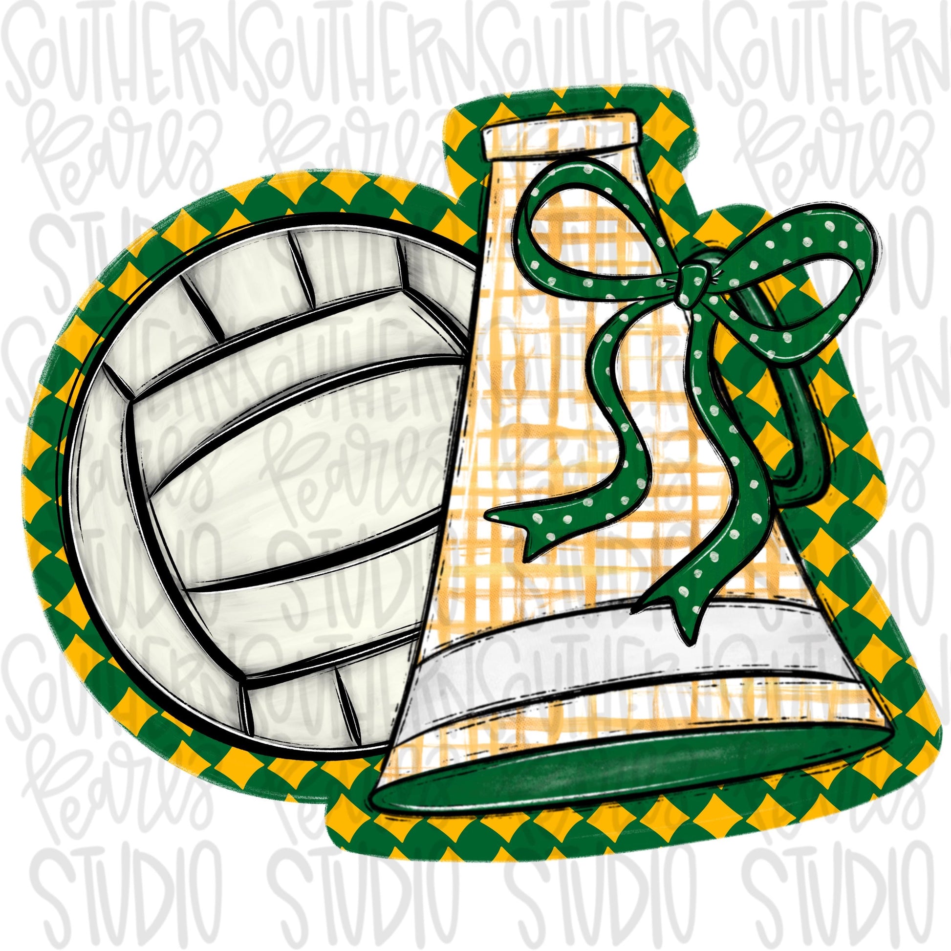 Volleyball and megaphone with bow | green and yellow | Go Team | PNG | Sublimation | Design Download