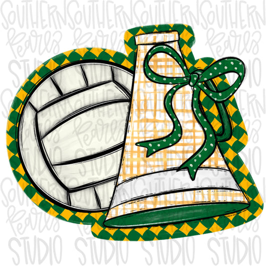 Volleyball and megaphone with bow | green and yellow | Go Team | PNG | Sublimation | Design Download