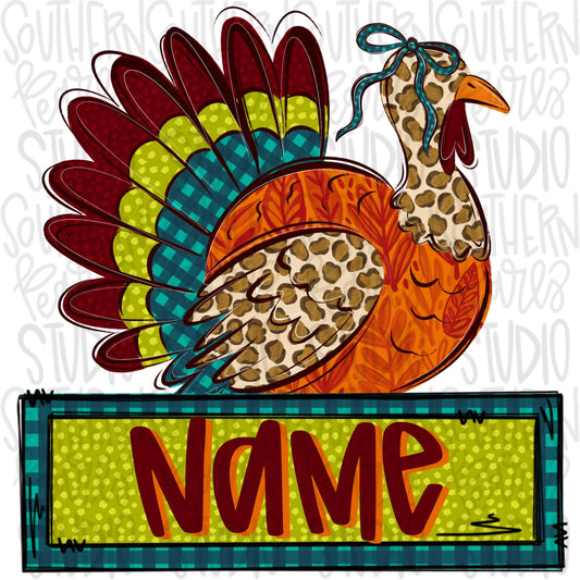 Turkey with bow and Name Patch | leopard and fall colors | Sublimation Design | Digital Download | Women’s, Kids Shirt PNG