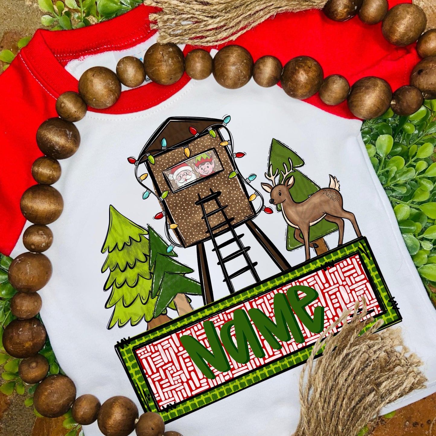 Santa and elf in deer stand hunting design with Name Patch | Christmas | reindeer | Sublimation Design | Digital Download | Kids Shirt PNG