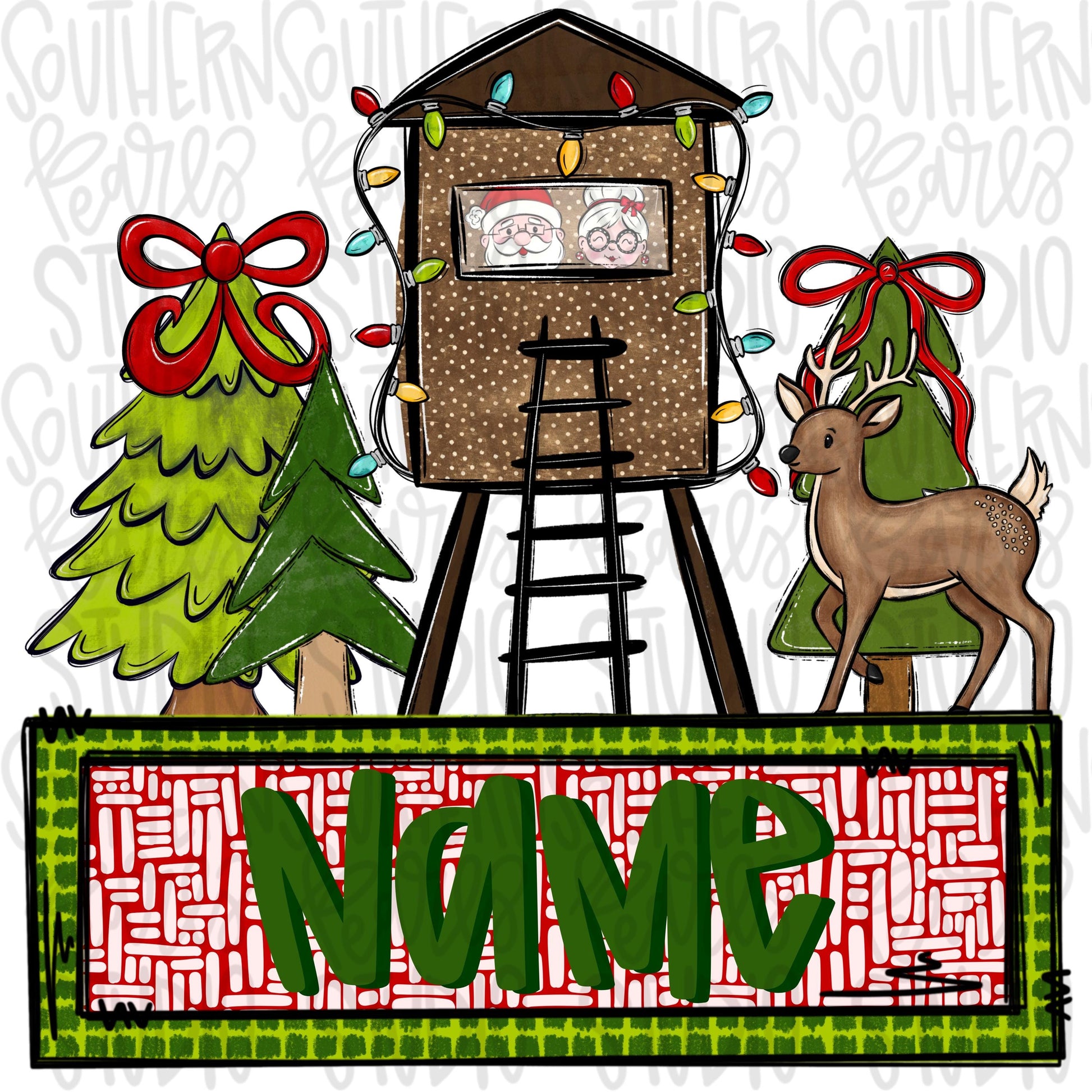 Santa and Mrs clause in deer stand hunting design with bows | Christmas | reindeer | Sublimation Design | Digital Download | Kids Shirt PNG