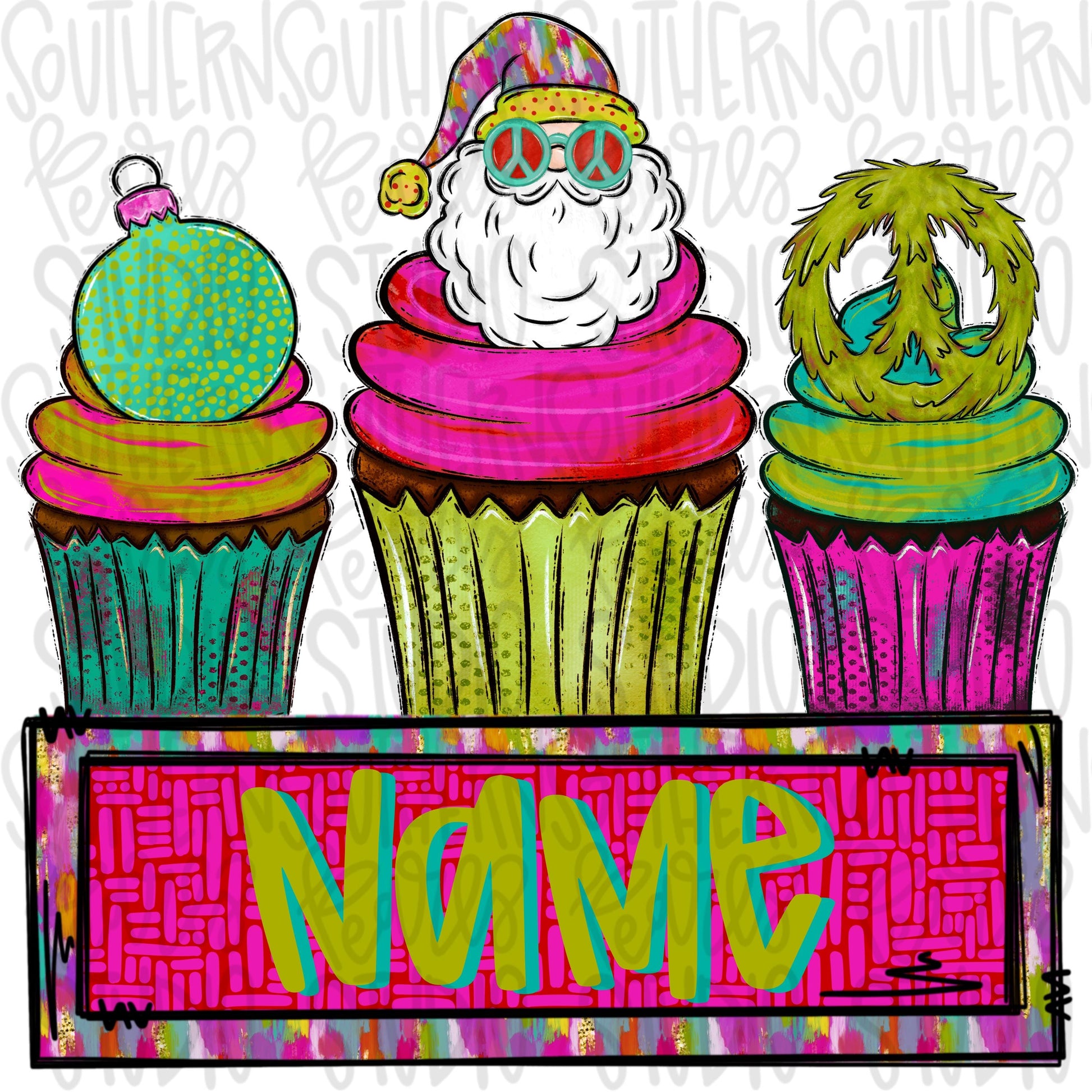 Christmas cupcakes trio with name patch | Santa wreath and ornament | Sublimation Design | Digital Download | Kids Shirt PNG