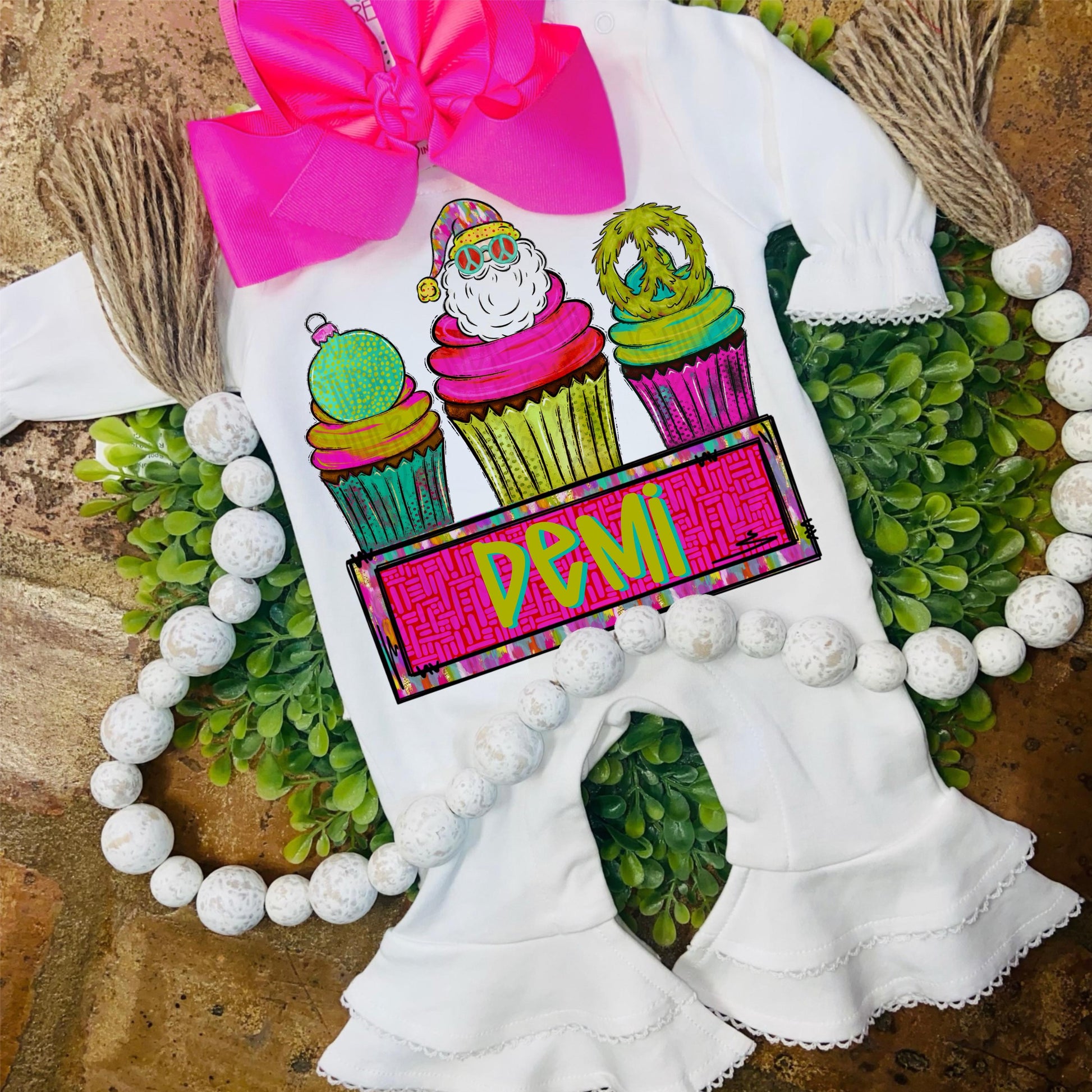 Christmas cupcakes trio with name patch | Santa wreath and ornament | Sublimation Design | Digital Download | Kids Shirt PNG