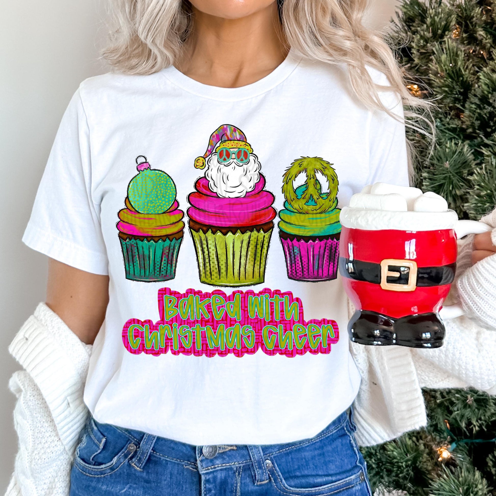 Baked with Christmas Cheer cupcakes | cupcakes trio | Santa wreath and ornament | Sublimation Design | Digital Download | Kids Shirt PNG
