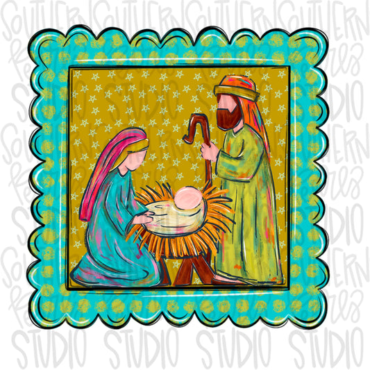 Mary Joseph and baby Jesus in scallop frame | Nativity Christmas | Sublimation Design | Digital Download | Women’s, Kids Shirt PNG