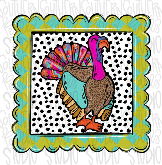 Colorful Turkey in scallop frame | Thanksgiving | Sublimation Design | Digital Download | Women’s, Kids Shirt PNG