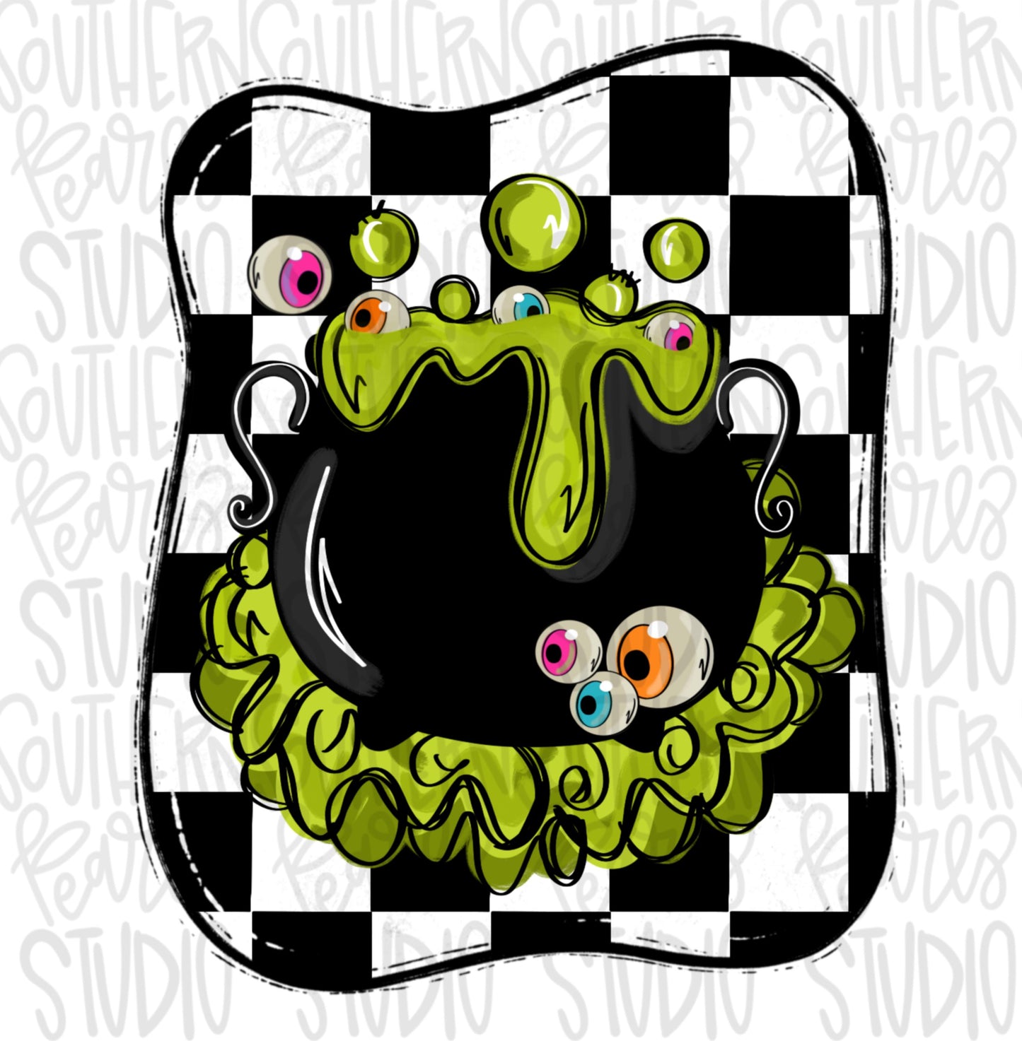 Witches eyeball brew in cauldron inside a checkered frame | halloween | Sublimation Design | Digital Download | Women’s, Kids Shirt PNG