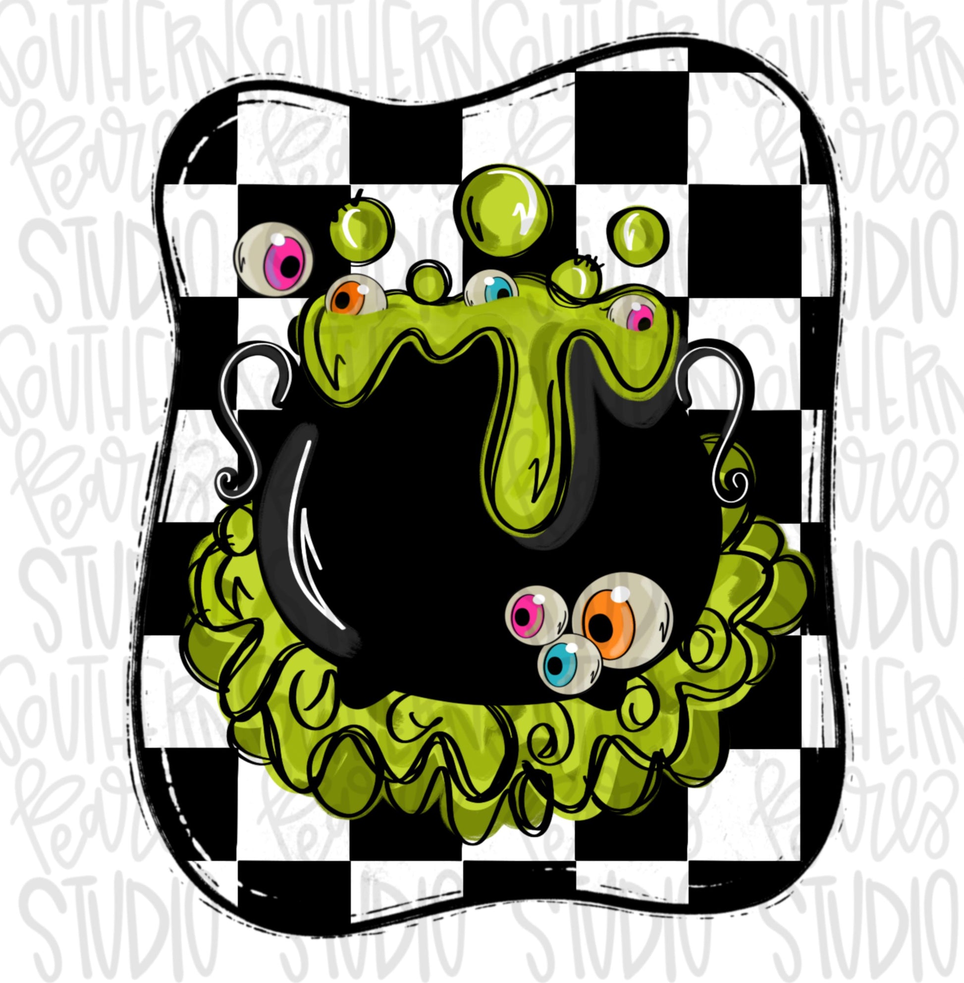 Witches eyeball brew in cauldron inside a checkered frame | halloween | Sublimation Design | Digital Download | Women’s, Kids Shirt PNG