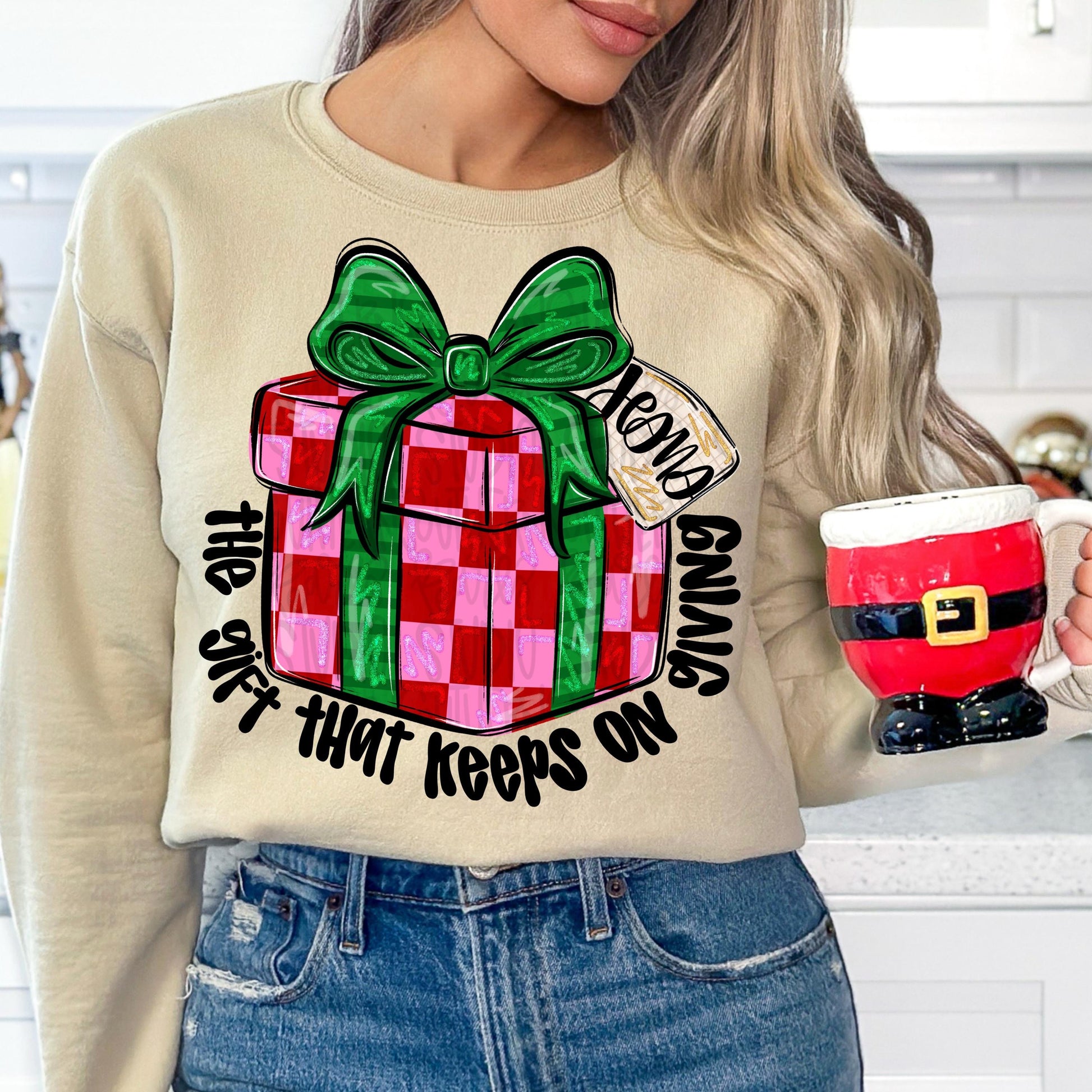 Jesus the gift that keeps on giving | Christmas present with bow | Sublimation Design | Digital Download | Women’s, Kids Shirt PNG