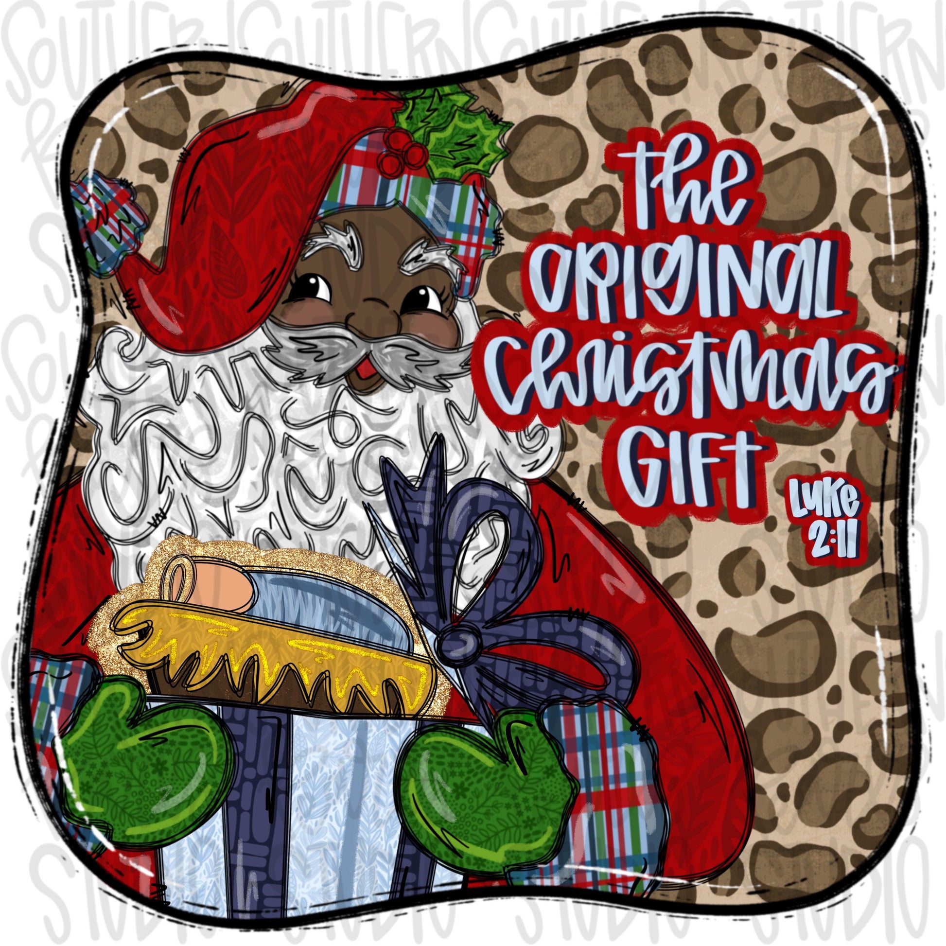 The original Christmas gift | Brown Santa opening a gift with baby Jesus | Christmas | Luke 2:11 | Sublimation Design|Digital Download | PNG