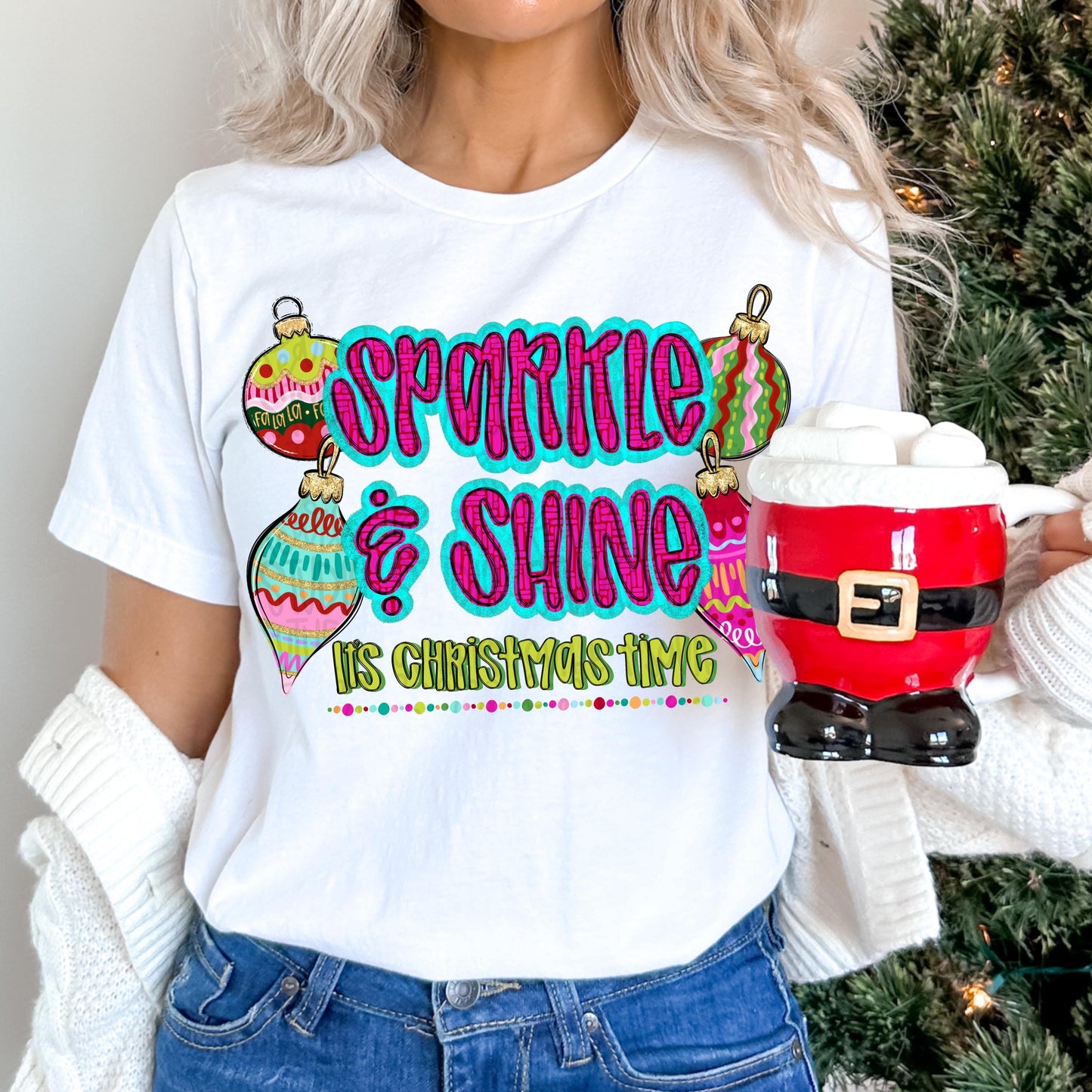 Sparkle and Shine It’s Christmas Time | colorful Ornaments | Sublimation Design | Digital Download | Women’s, Kids Shirt PNG