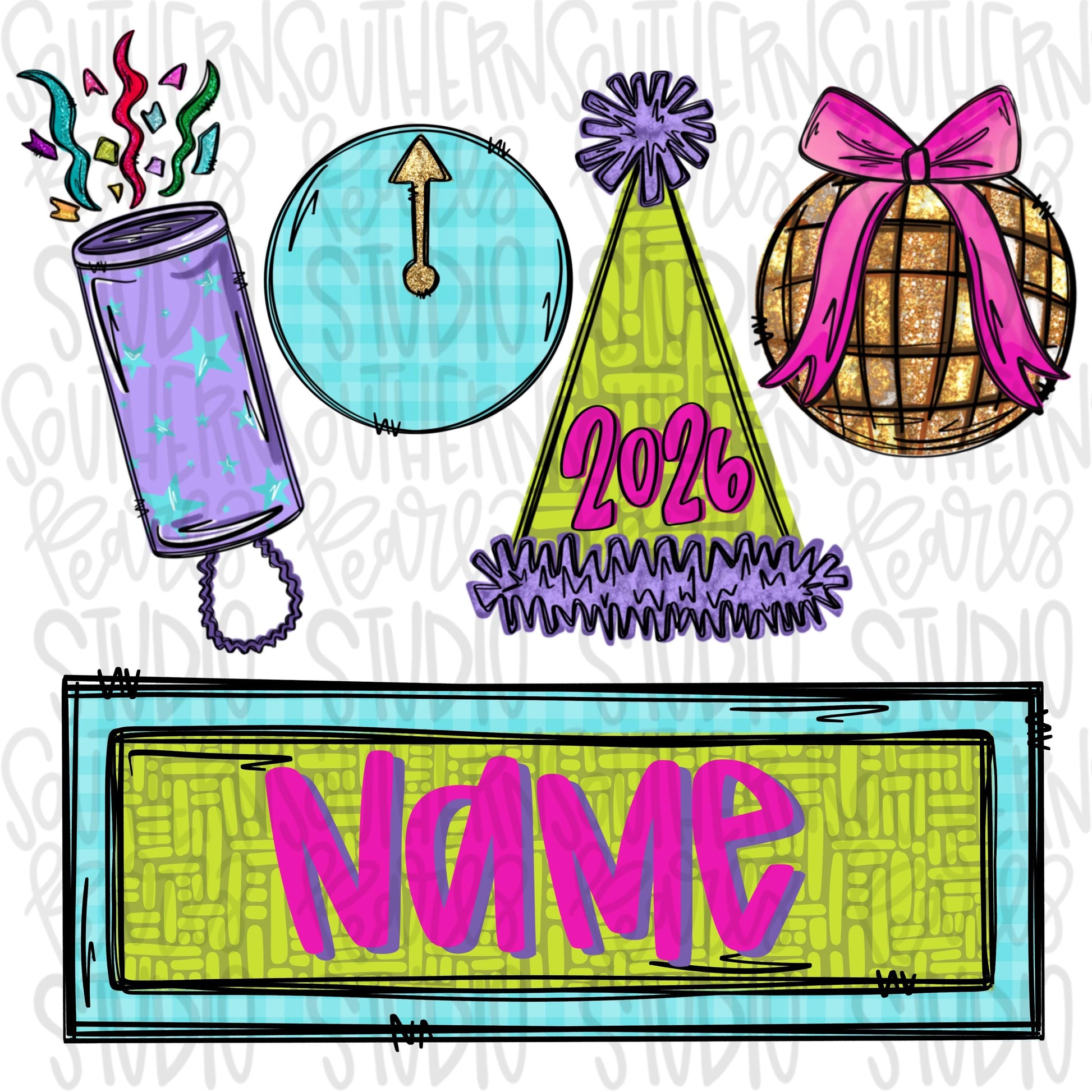 New Year 2026 | confetti, clock midnight, party hat, ball with bow | Sublimation Design | Digital Download | Women’s, Kids Shirt PNG