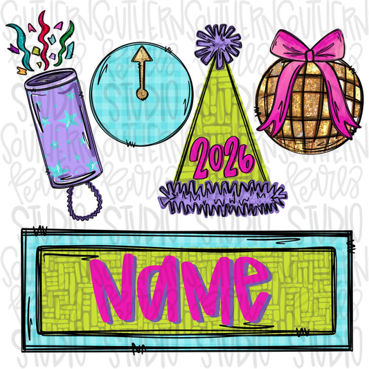 New Year 2026 | confetti, clock midnight, party hat, ball with bow | Sublimation Design | Digital Download | Women’s, Kids Shirt PNG