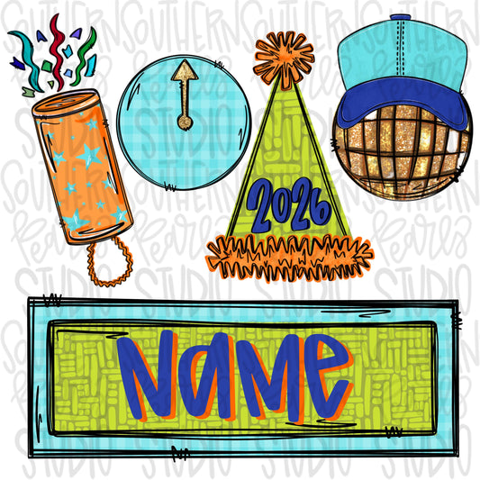 New Year 2026 | confetti, clock midnight, party hat, ball with hat | Sublimation Design | Digital Download | Women’s, Kids Shirt PNG