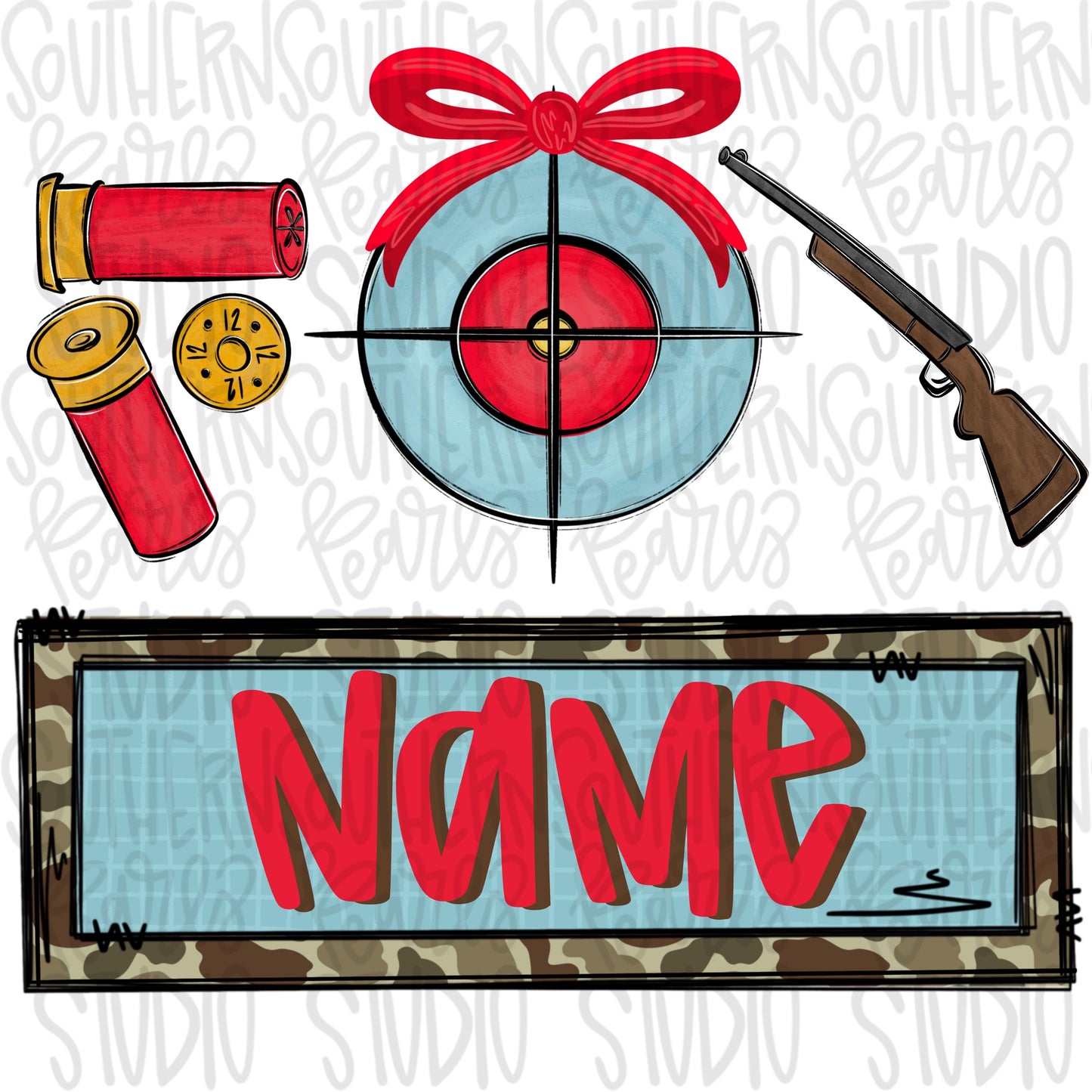 Bullets, target and gun hunting trio with bow and name patch | Sublimation Design | Digital Download | Women’s, Kids Shirt PNG