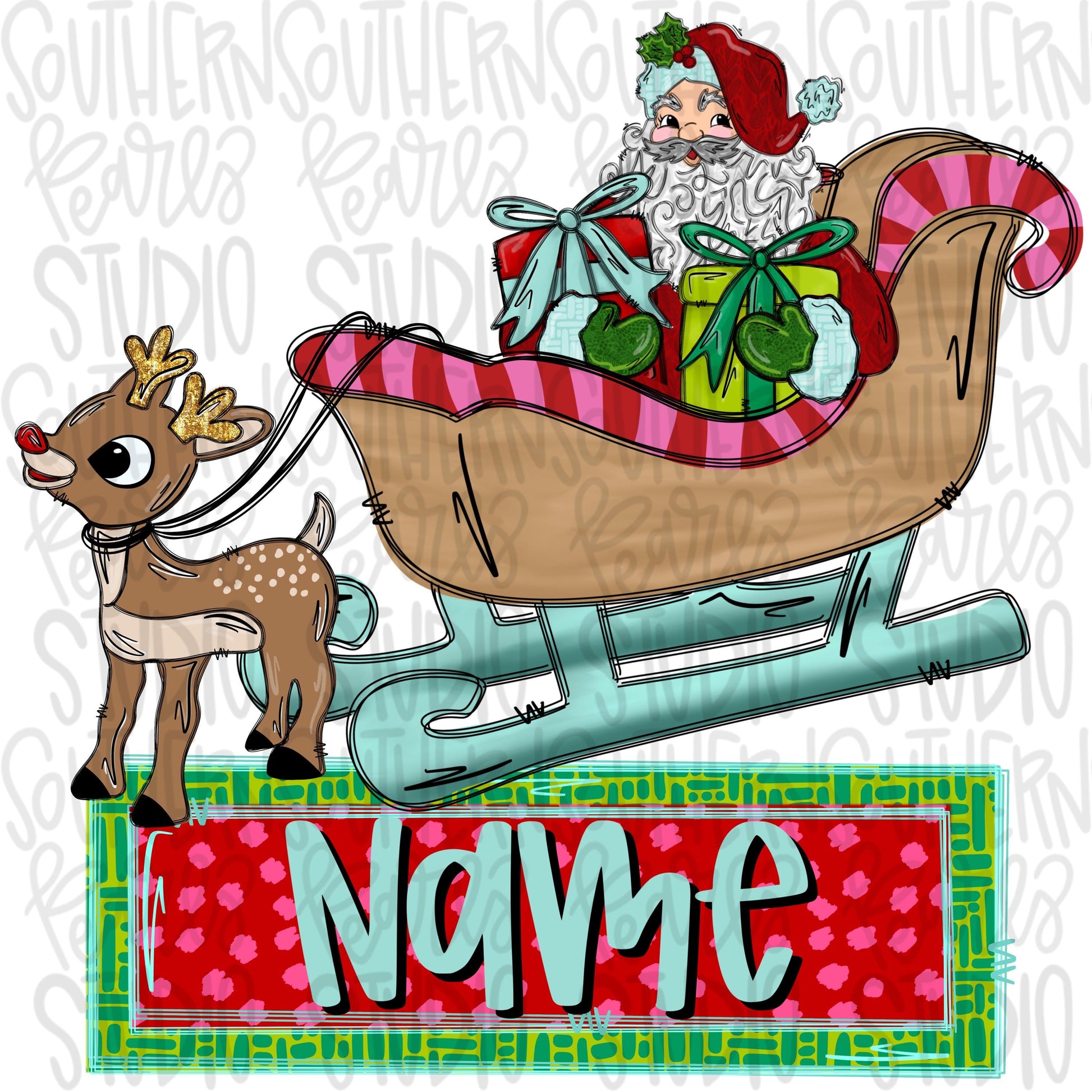 Reindeer pulling sleigh with Santa girly | name patch | Christmas | reindeer | Sublimation Design | Digital Download | Kids Shirt PNG