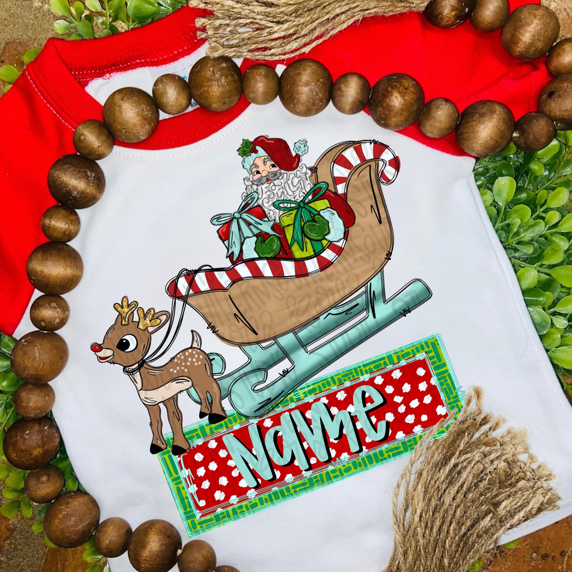 Reindeer pulling sleigh with Santa | name patch | Christmas | reindeer | Sublimation Design | Digital Download | Kids Shirt PNG