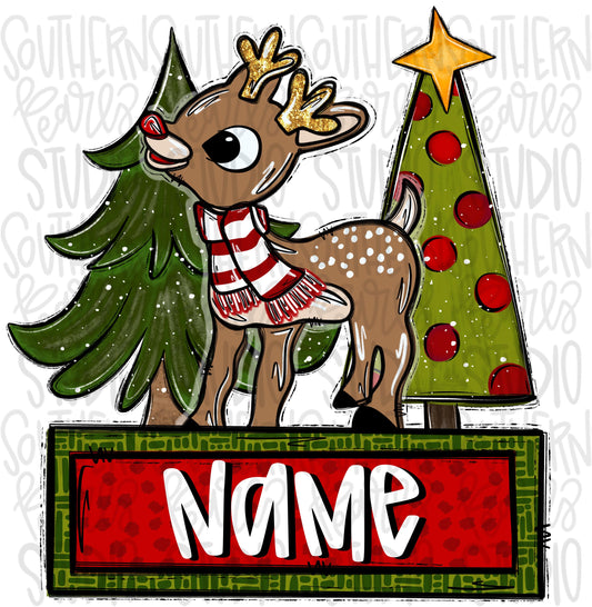 Boy Reindeer and Christmas trees | name patch | Sublimation Design | Digital Download | Kids Shirt PNG