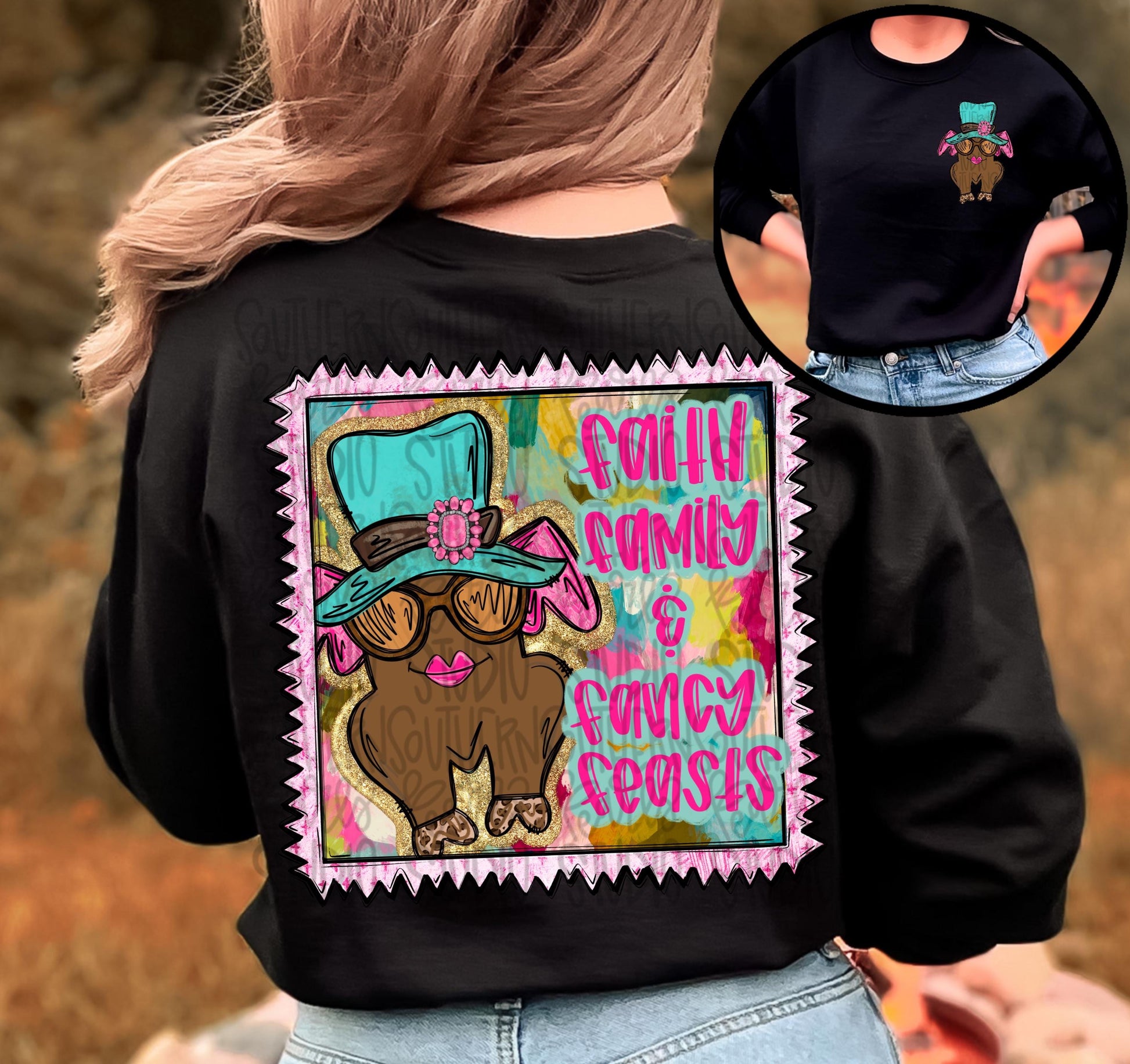 Faith family and fancy feasts | bright and colorful | Thanksgiving turkey | Sublimation Design | Digital Download | Womens Kids Shirt PNG