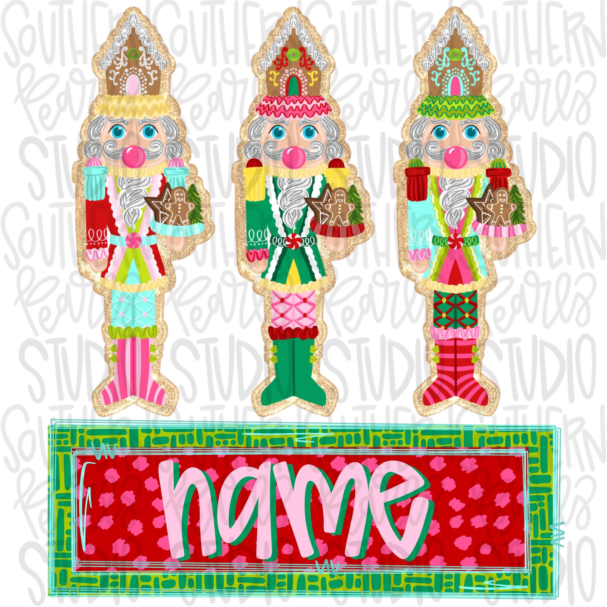 Nutcrackers blowing bubbles trio with name patch | gingerbread houses | glitter | Sublimation Design | Digital Download | Kids Shirt PNG