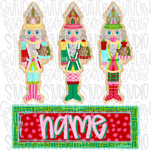 Nutcrackers blowing bubbles trio with name patch | gingerbread houses | glitter | Sublimation Design | Digital Download | Kids Shirt PNG