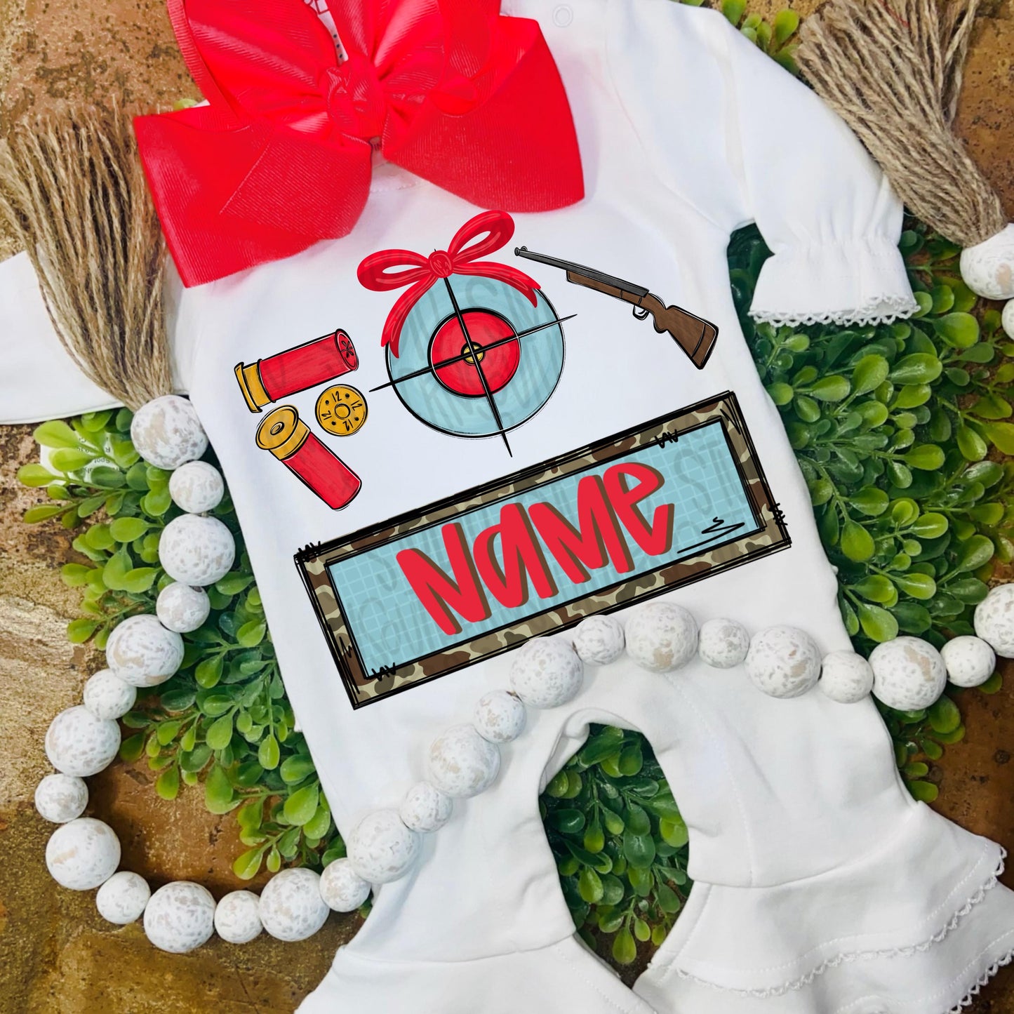 Bullets, target and gun hunting trio with bow and name patch | Sublimation Design | Digital Download | Women’s, Kids Shirt PNG