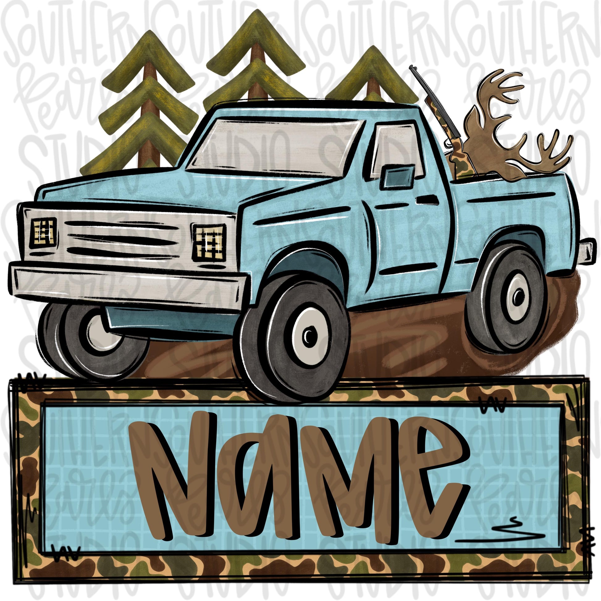 Hunting truck with deer in the back with name patch | Sublimation Design | Digital Download | Women’s, Kids Shirt PNG