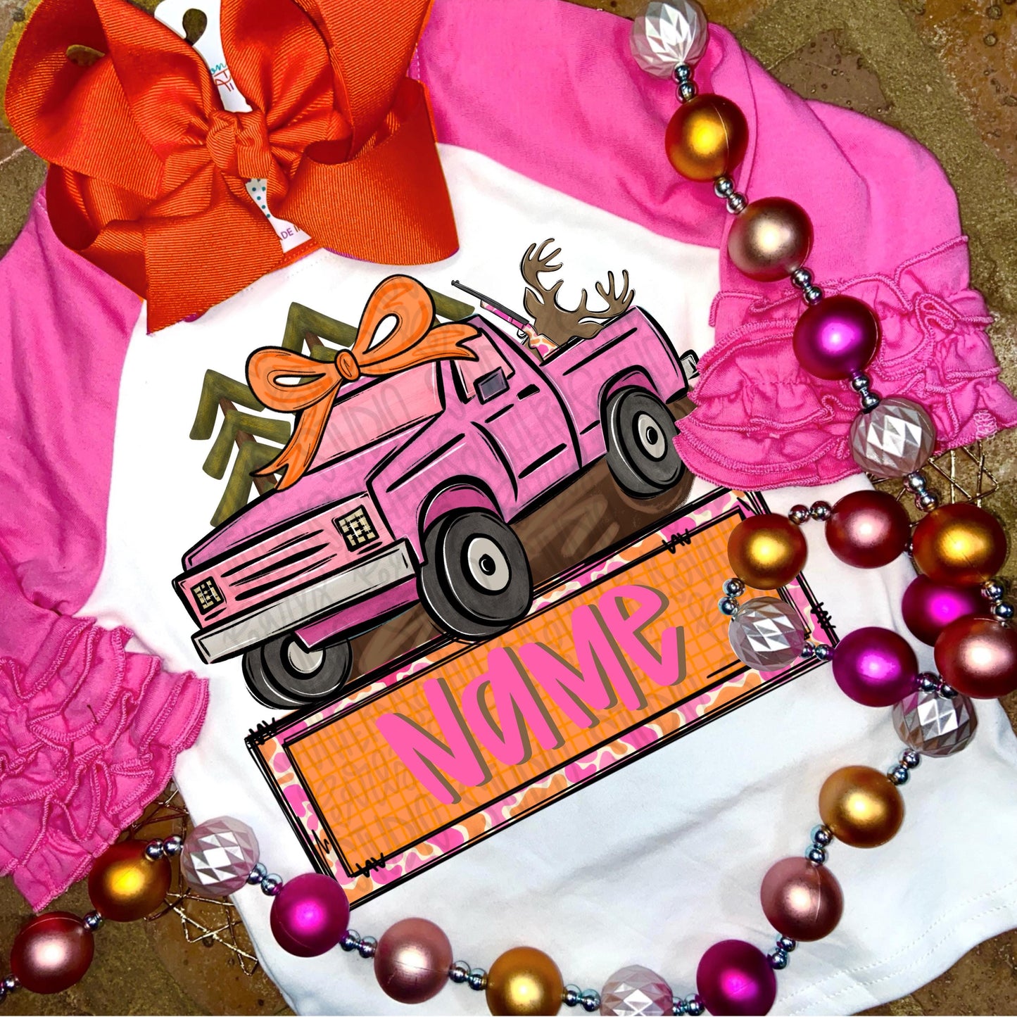 Girly Hunting truck with deer in the back with name patch | Sublimation Design | Digital Download | Women’s, Kids Shirt PNG