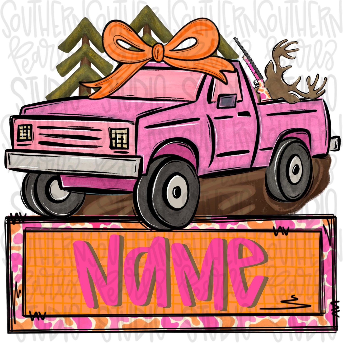Girly Hunting truck with deer in the back with name patch | Sublimation Design | Digital Download | Women’s, Kids Shirt PNG