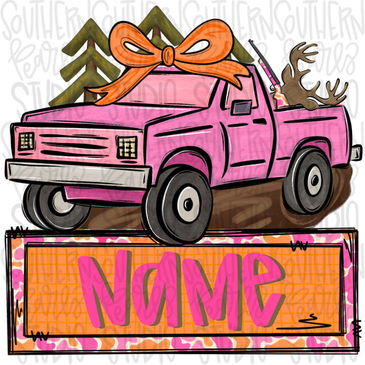 Girly Hunting truck with deer in the back with name patch | Sublimation Design | Digital Download | Women’s, Kids Shirt PNG