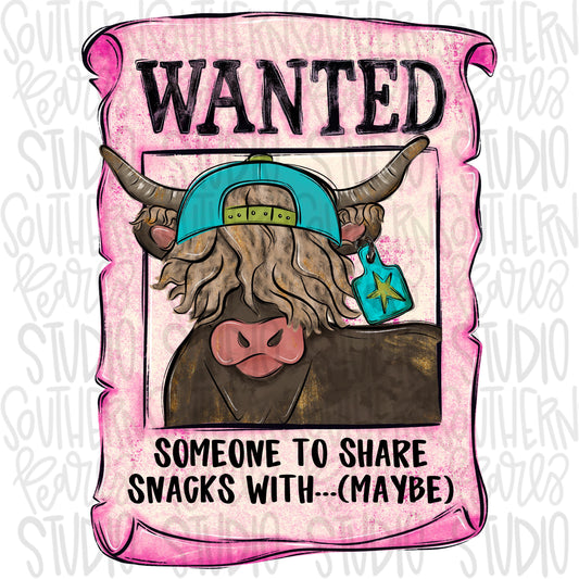 Wanted…someone to share snacks with | boy cow | wanted sign | valentine design | Sublimation Design | Digital Download | Kids Shirt PNG