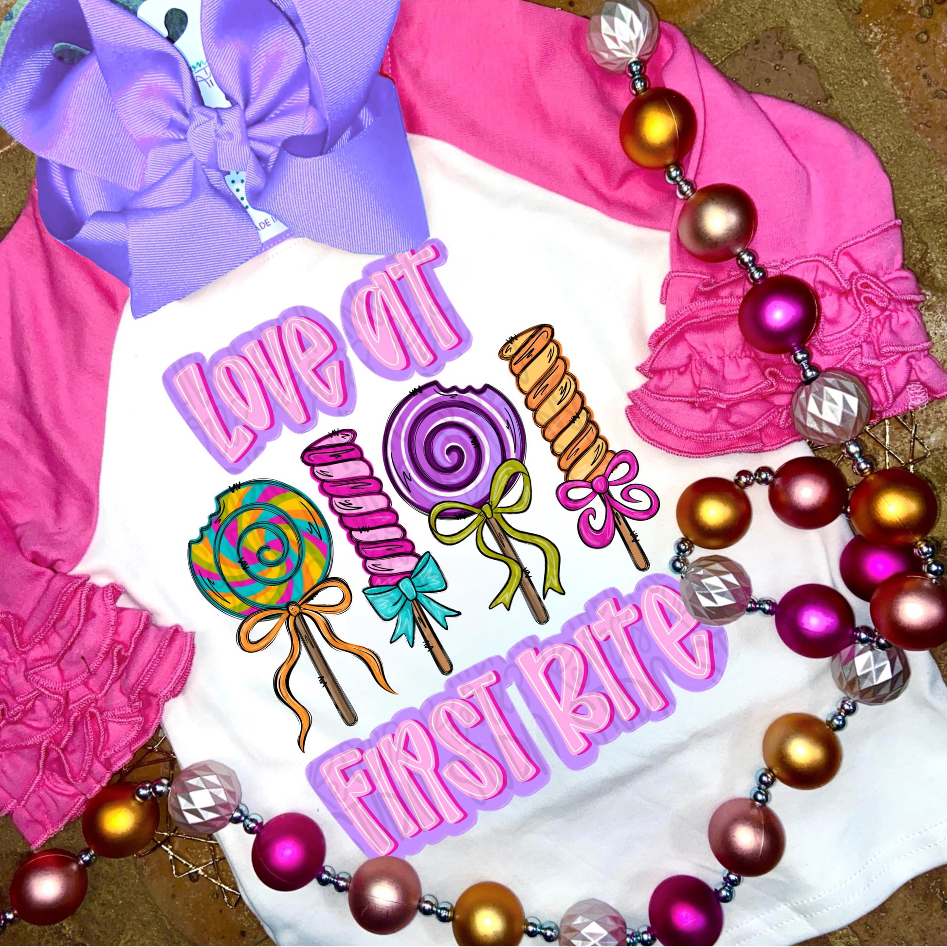 Love at first bite | girl lollipops with bows | valentine design | Sublimation Design | Digital Download | Kids Shirt PNG