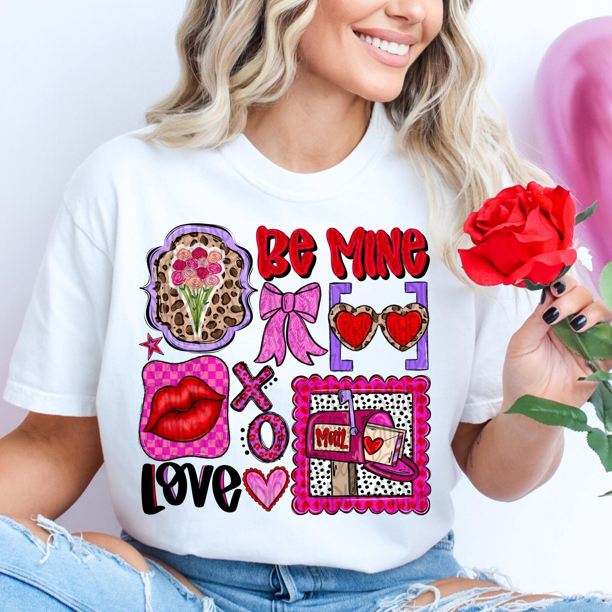 Valentine Collage | frame stamps | be mine love xoxo | lips flowers glasses bows | Sublimation Design | Digital Download | Womens Kids PNG