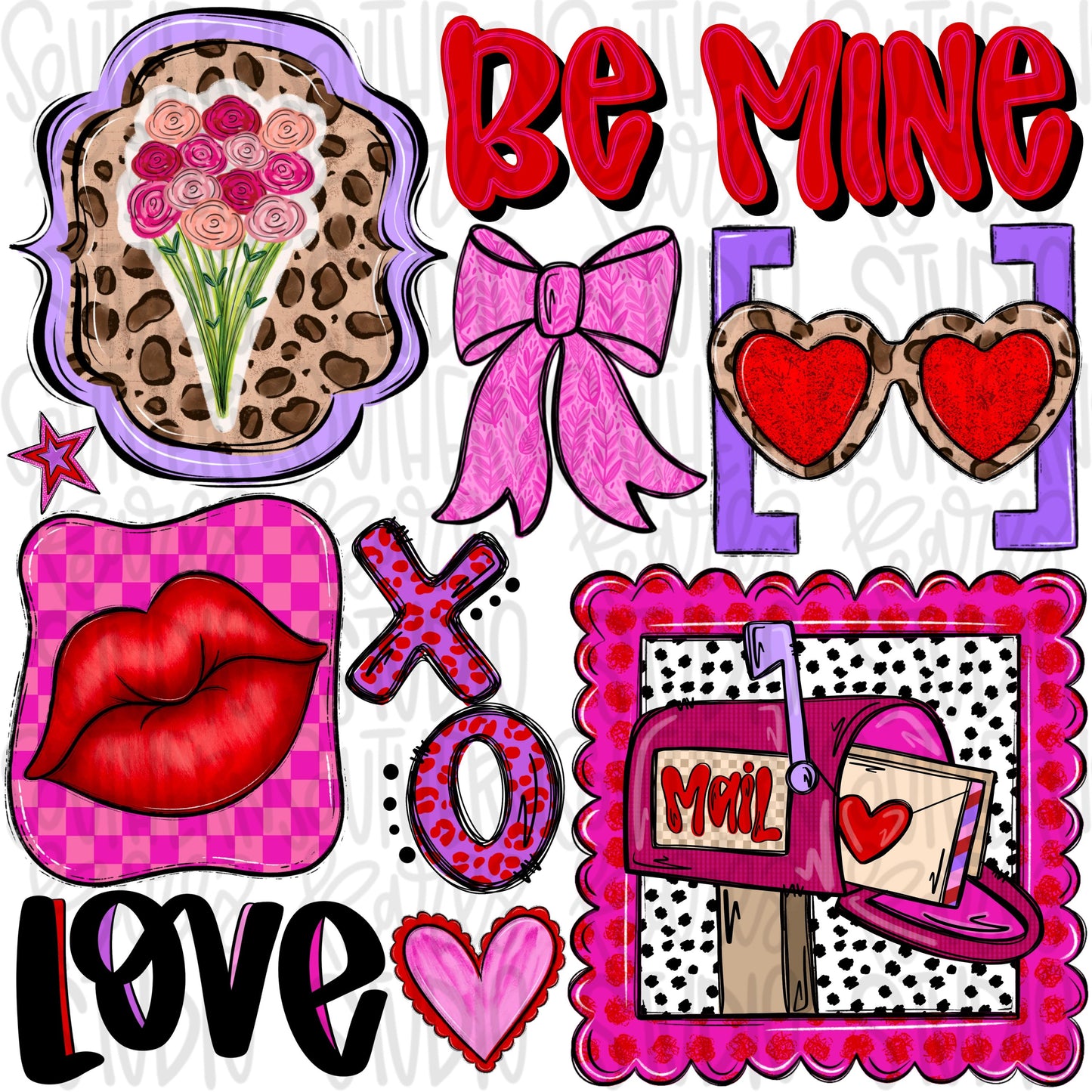 Valentine Collage | frame stamps | be mine love xoxo | lips flowers glasses bows | Sublimation Design | Digital Download | Womens Kids PNG