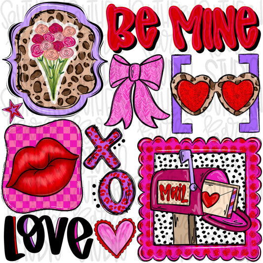 Valentine Collage | frame stamps | be mine love xoxo | lips flowers glasses bows | Sublimation Design | Digital Download | Womens Kids PNG