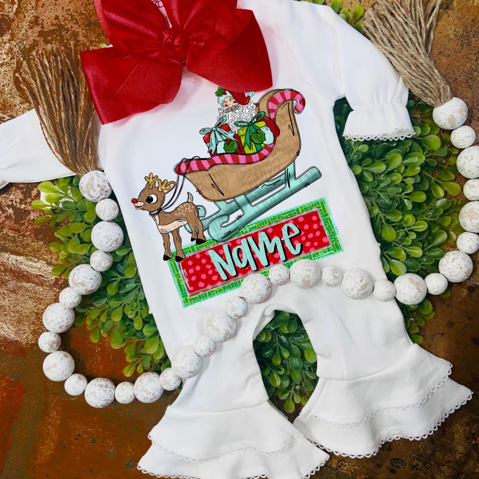Reindeer pulling sleigh with Santa girly | name patch | Christmas | reindeer | Sublimation Design | Digital Download | Kids Shirt PNG