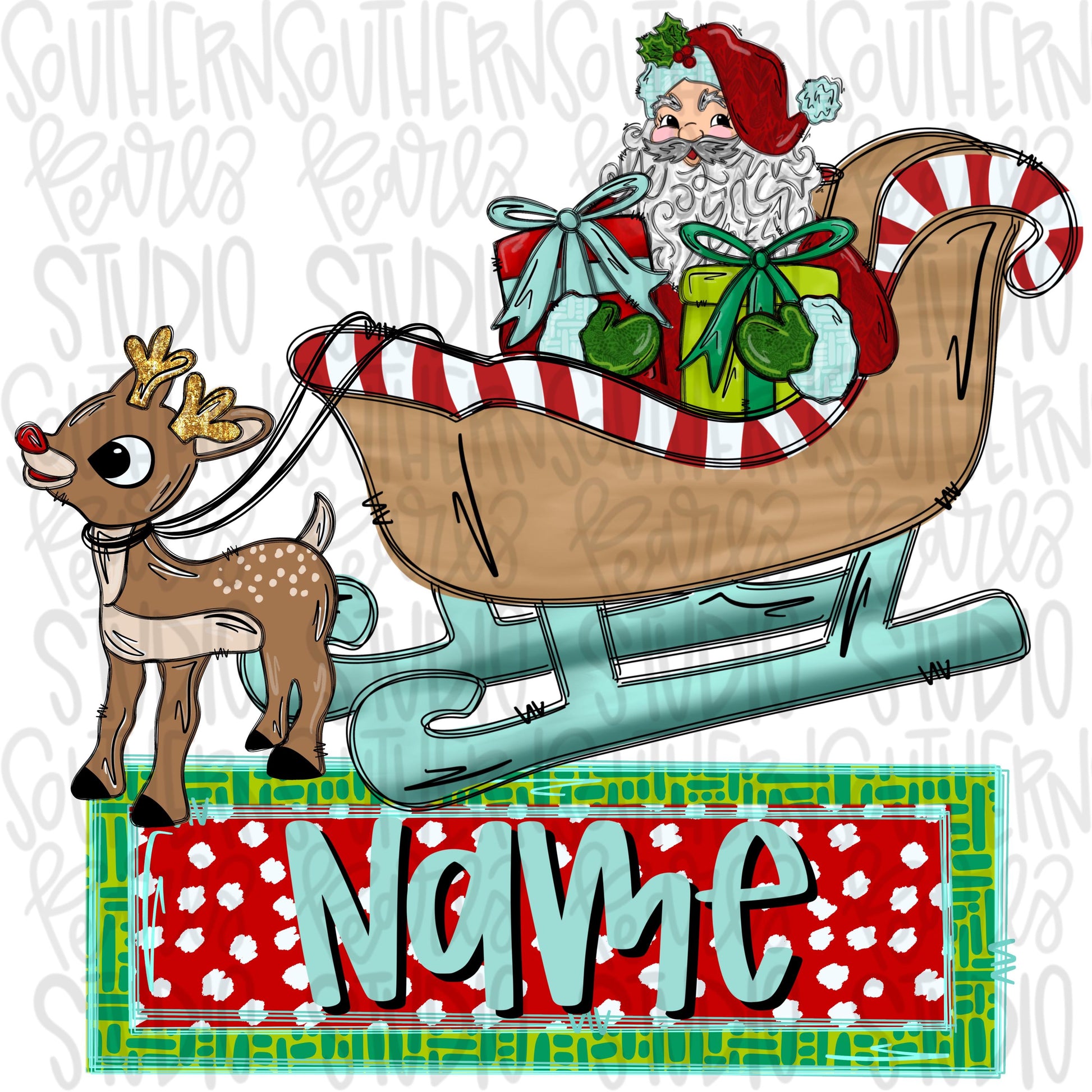 Reindeer pulling sleigh with Santa | name patch | Christmas | reindeer | Sublimation Design | Digital Download | Kids Shirt PNG