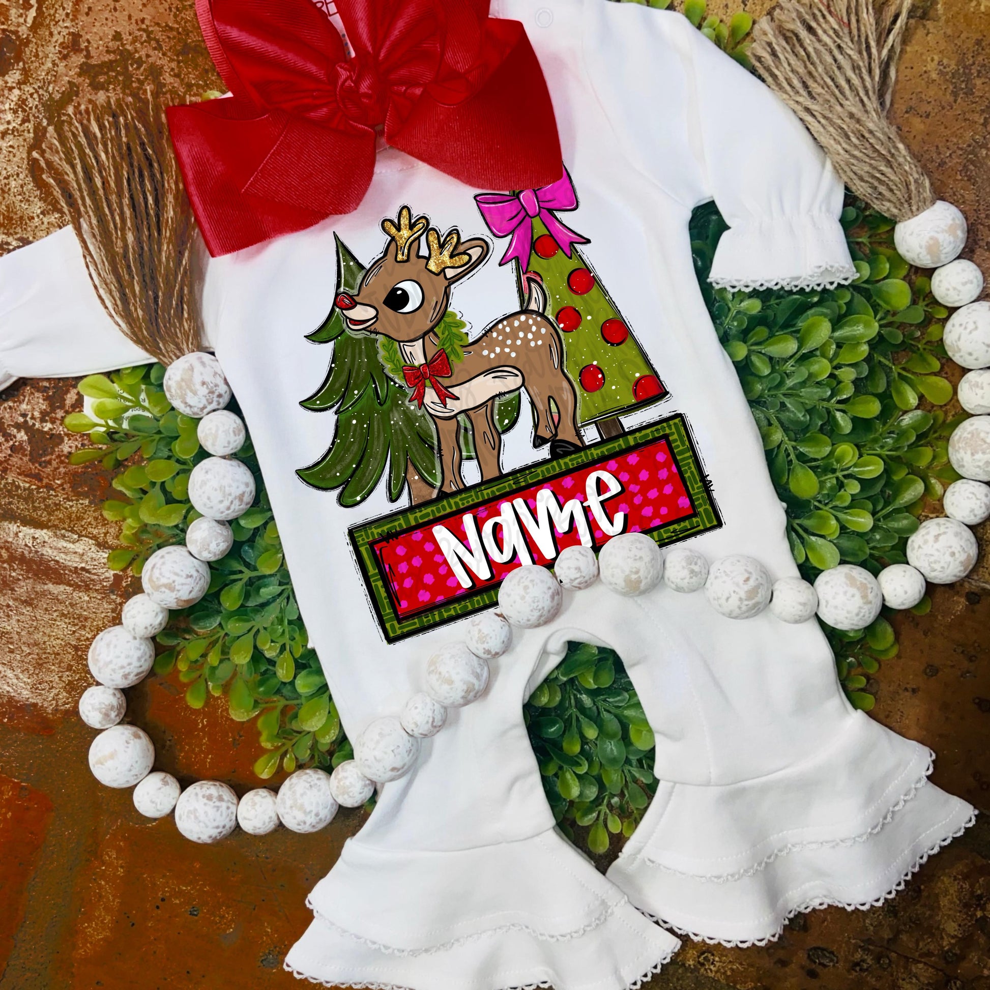 Girl Reindeer and Christmas trees | name patch | Sublimation Design | Digital Download | Kids Shirt PNG