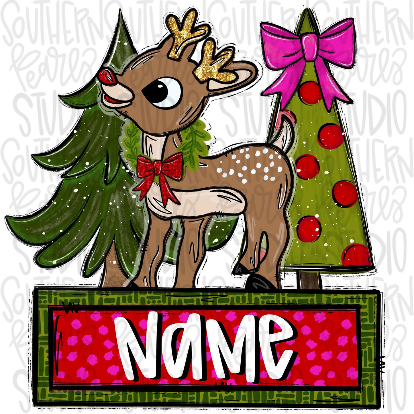 Girl Reindeer and Christmas trees | name patch | Sublimation Design | Digital Download | Kids Shirt PNG