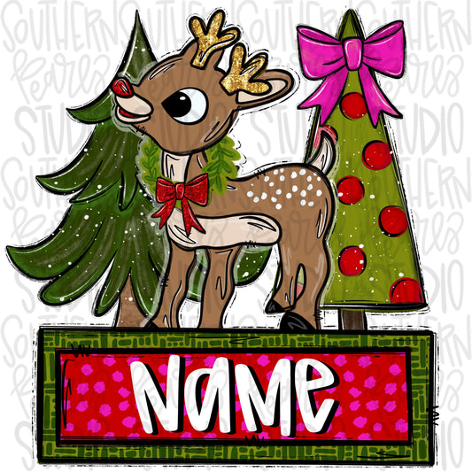 Girl Reindeer and Christmas trees | name patch | Sublimation Design | Digital Download | Kids Shirt PNG