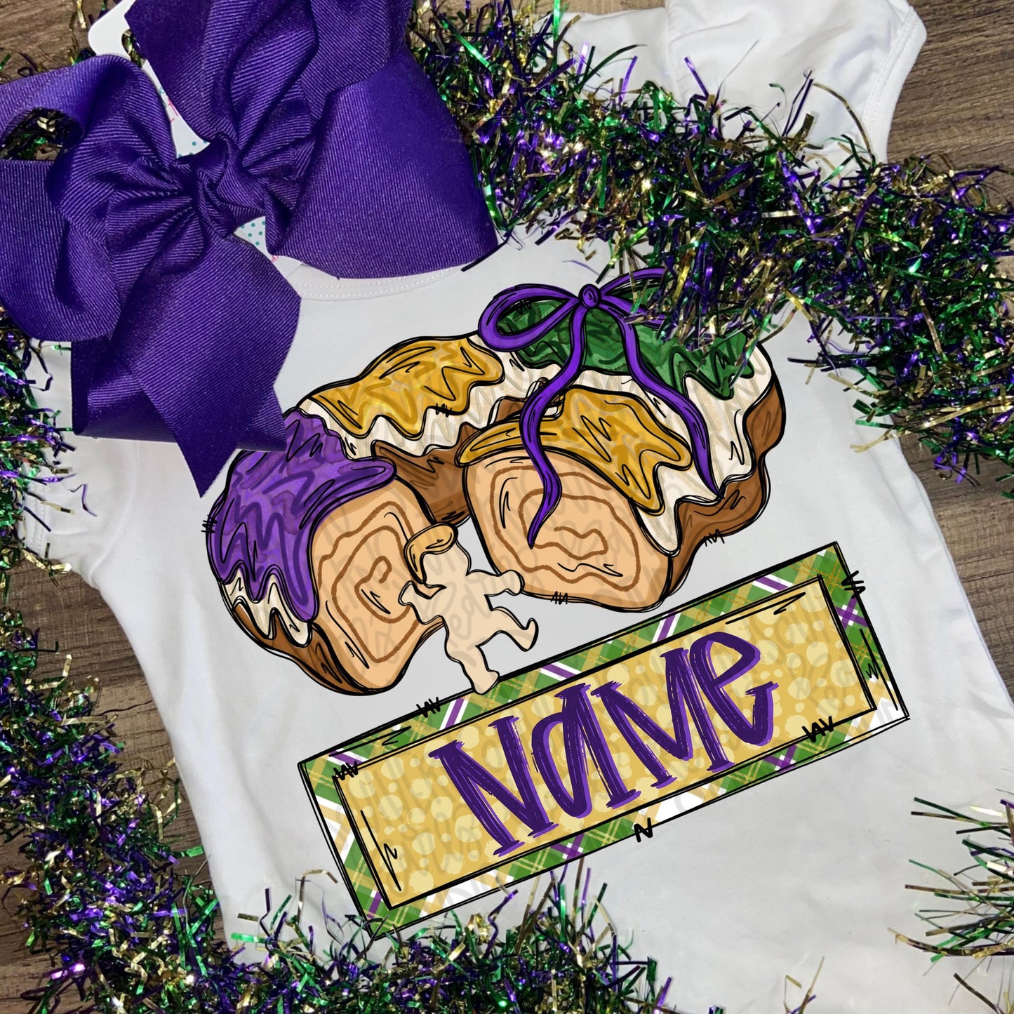 King cake with bite taken out and bow and name patch | Sublimation Design | Digital Download | Women’s, Kids Shirt PNG