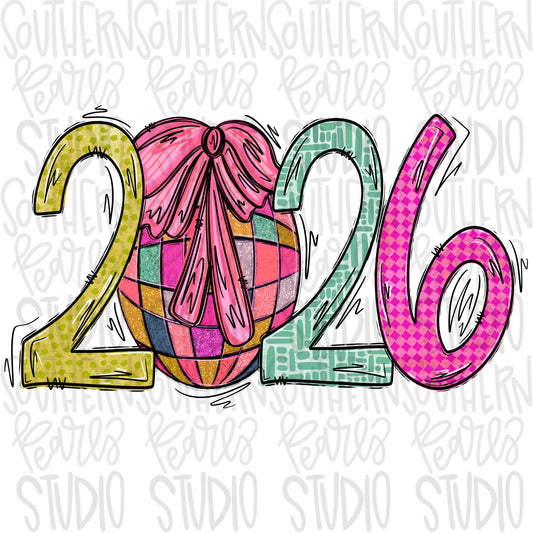 2026 disco ball with bow | New year | Sublimation Design | Digital Download | Women’s, Kids Shirt PNG