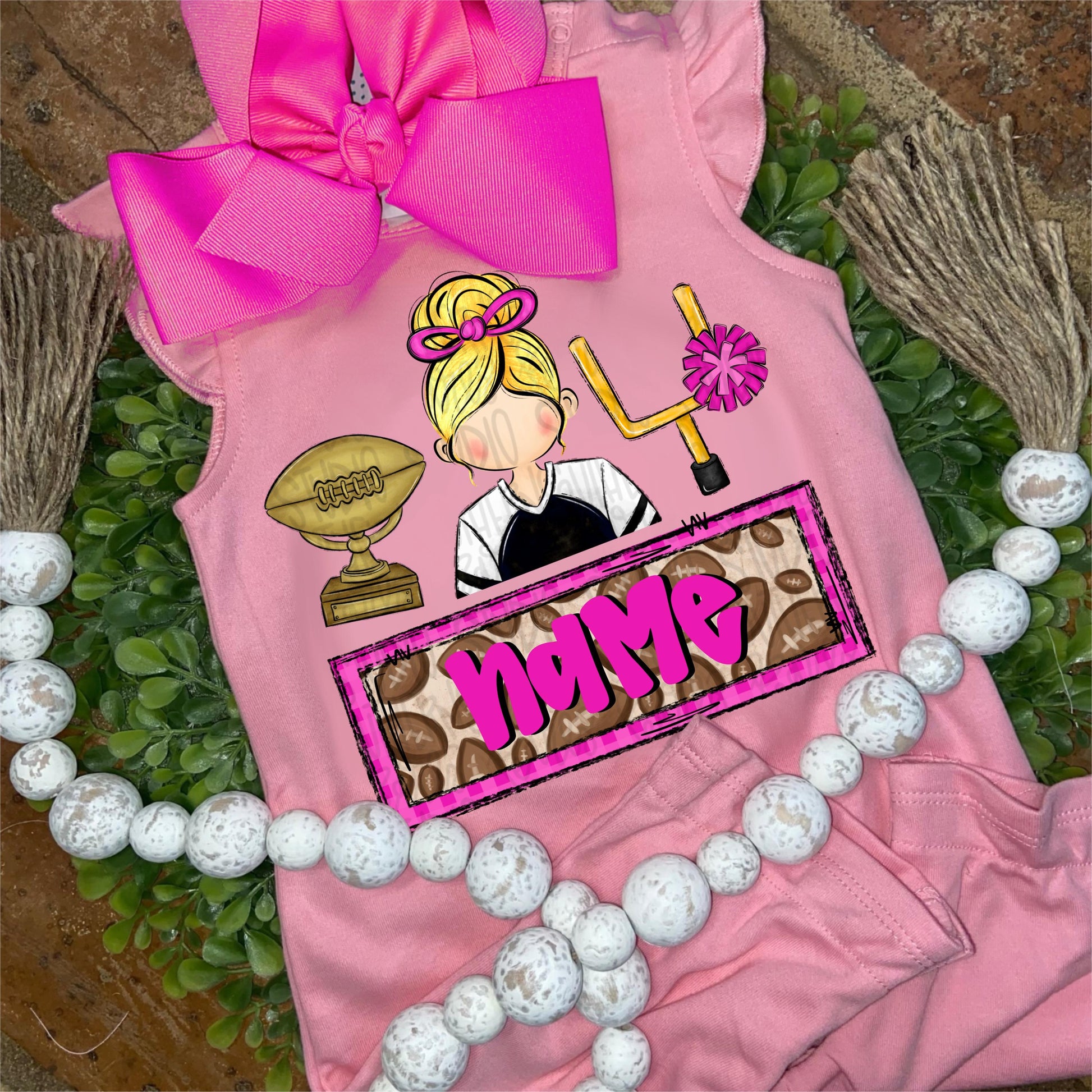 football trio with name patch | trophy red head girl goal post | Sublimation Design | Digital Download | Women’s, Kids Shirt PNG