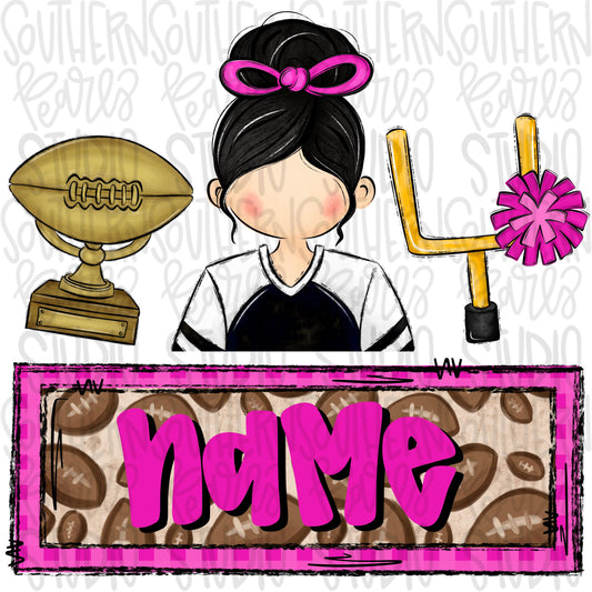 football trio with name patch | trophy black hair girl goal post | Sublimation Design | Digital Download | Women’s, Kids Shirt PNG
