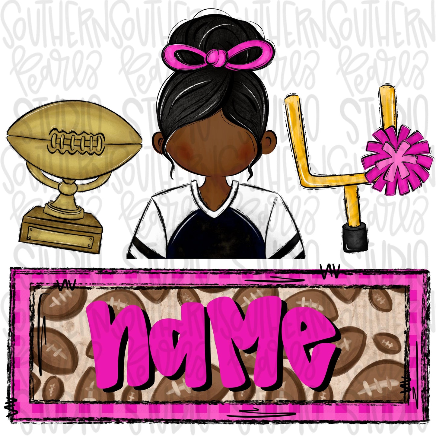 football trio with name patch | trophy african american girl goal post | Sublimation Design | Digital Download | Women’s, Kids Shirt PNG