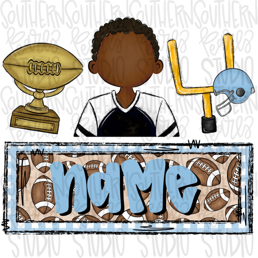 football trio with name patch | trophy African american boy goal post | Sublimation Design | Digital Download | Women’s, Kids Shirt PNG
