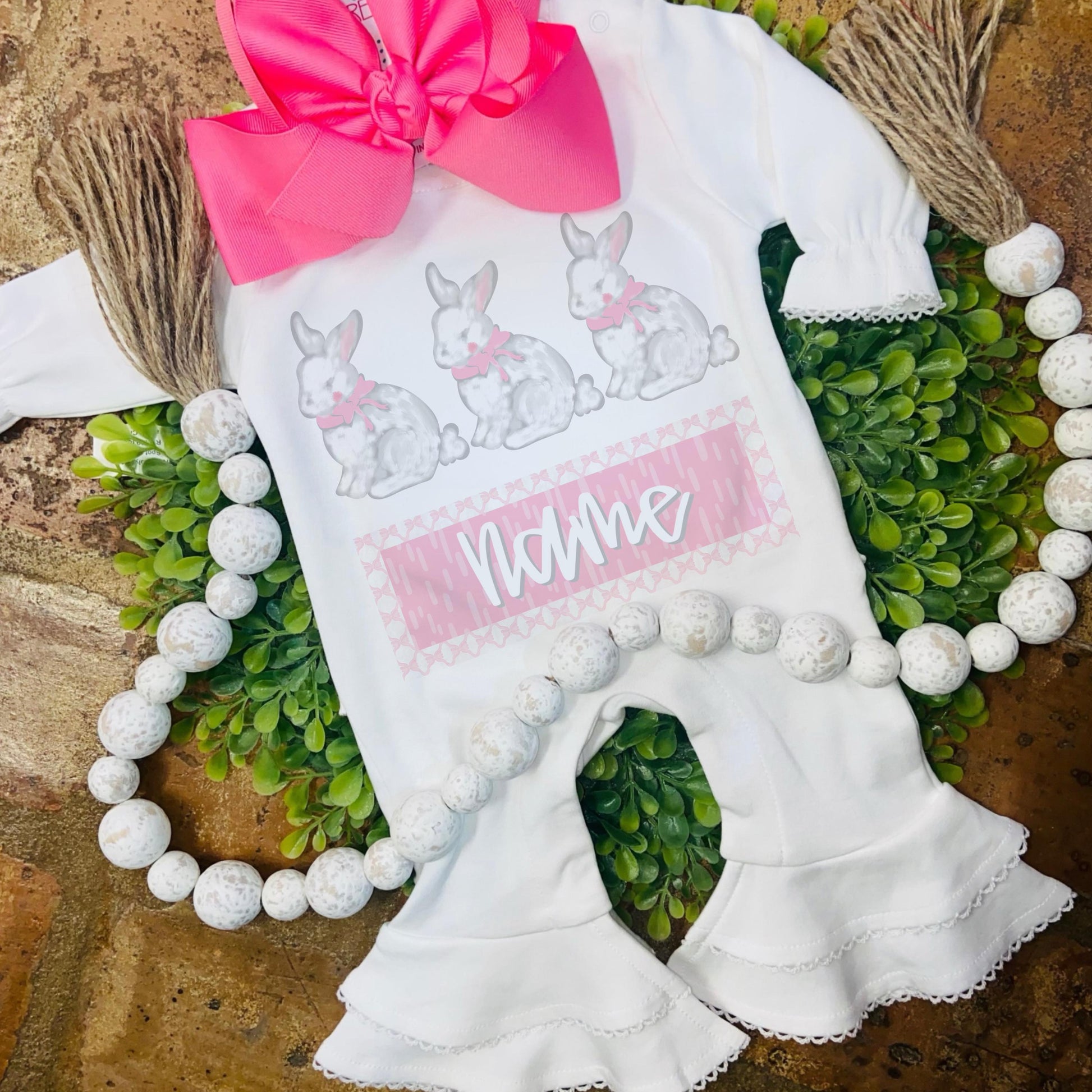 Sweet three easter bunnies with name patch girl | pink and white | Sublimation Design | Digital Download | Women’s, Kids Shirt PNG