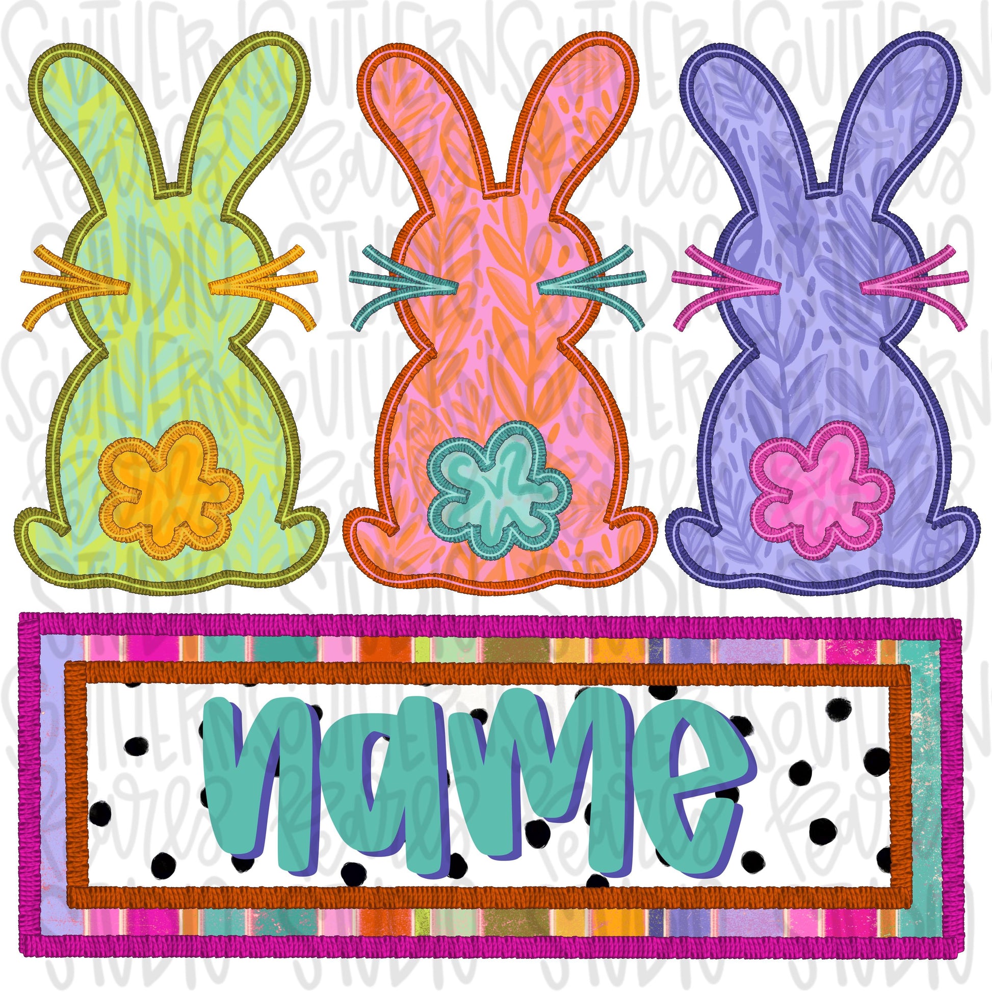 Faux embroidered Easter Bunny trio with Name Patch girl | Sublimation Design | Digital Download | Women’s, Kids Shirt PNG