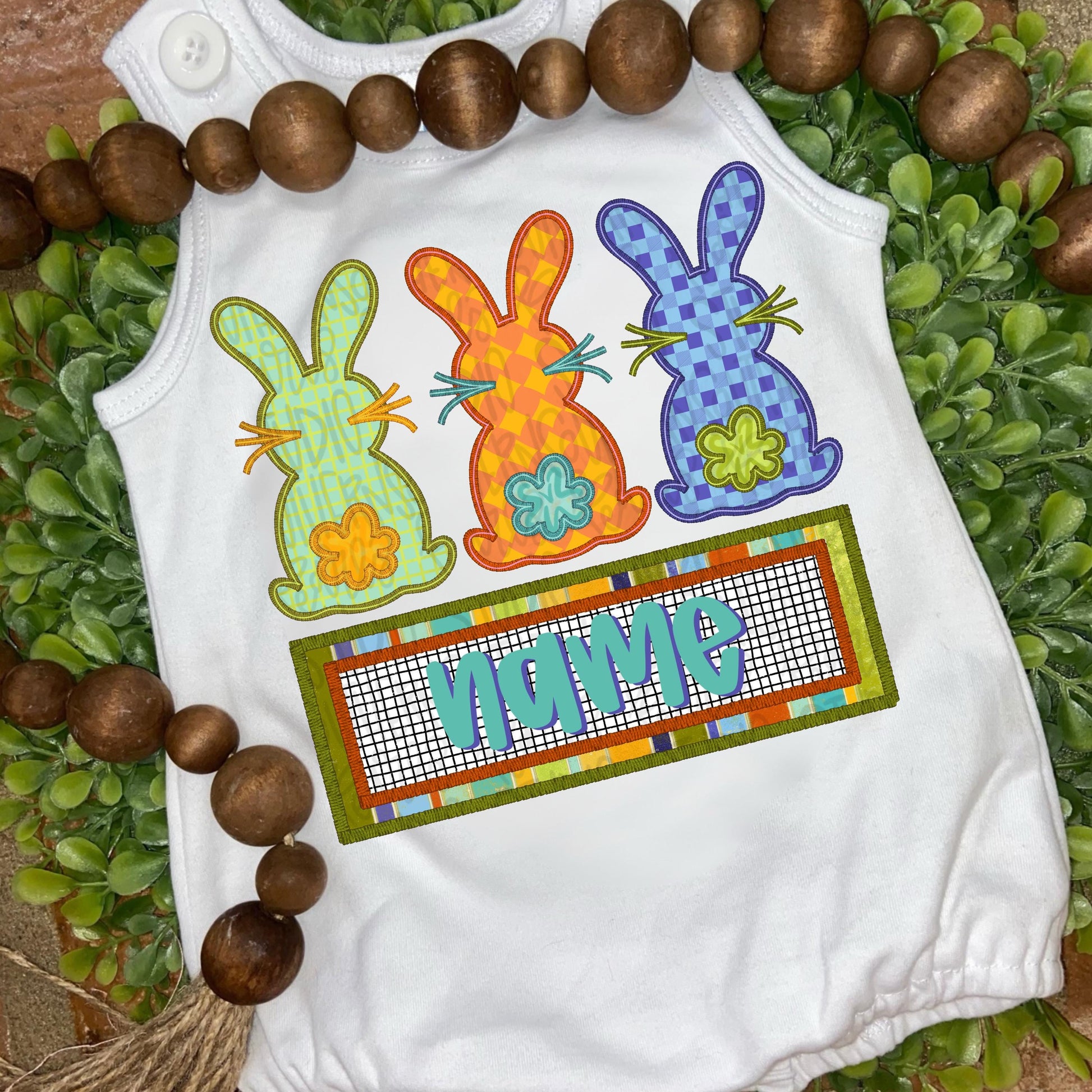 Faux embroidered Easter Bunny trio with Name Patch boy | Sublimation Design | Digital Download | Women’s, Kids Shirt PNG