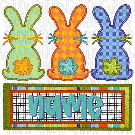 Faux embroidered Easter Bunny trio with Name Patch boy | Sublimation Design | Digital Download | Women’s, Kids Shirt PNG